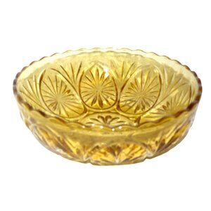 Vintage Golden Amber Cut Glass Starburst Pinwheel Pattern Scalloped Rim MCM